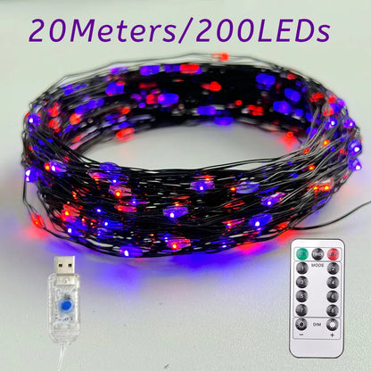 20m purple and orange LED fairy string lights coil with USB plug and remote