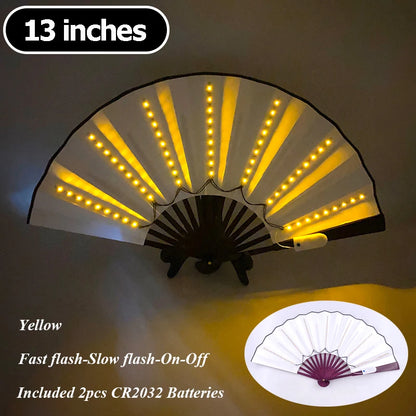 Yellow LED folding hand fan with bright dotted light strips, 13-inch width.