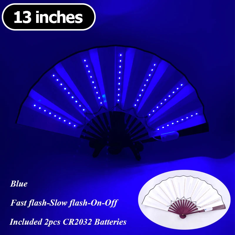 Blue LED folding hand fan with bright dotted light strips, 13-inch width.