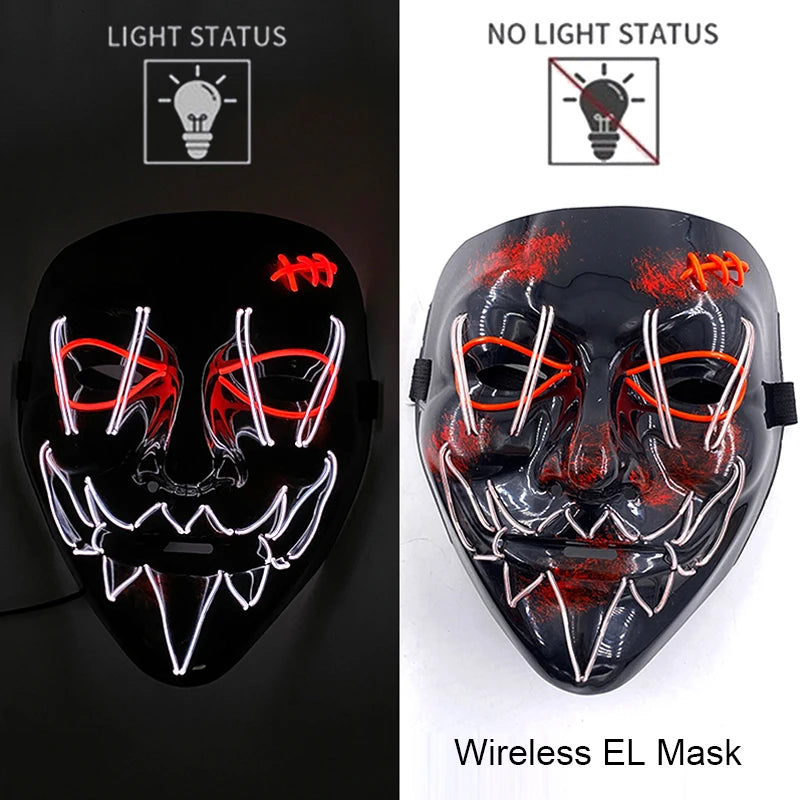 Black Halloween purge mask with red and white neon EL light eyes and tooth lines
