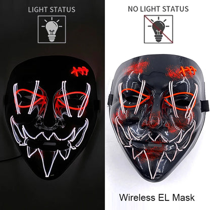 Black Halloween purge mask with red and white neon EL light eyes and tooth lines
