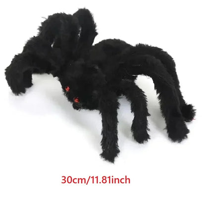 30cm plush black spider with long fuzzy legs and glowing red eyes