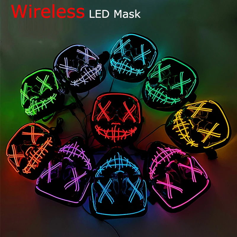 Neon LED purge mask collection with glowing skull faces in green, red, blue, purple, and yellow