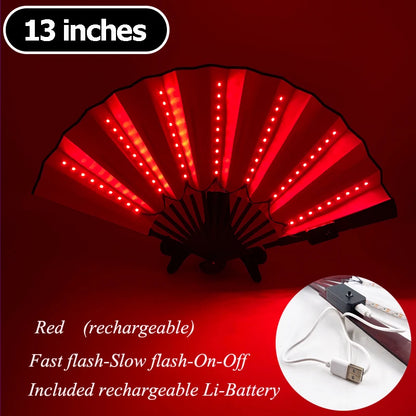 Red LED folding hand fan, 13-inch, rechargeable battery and cable included.