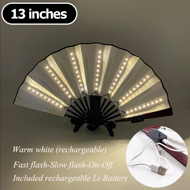 13-inch LED light-up folding hand fan with warm white LEDs and black handle