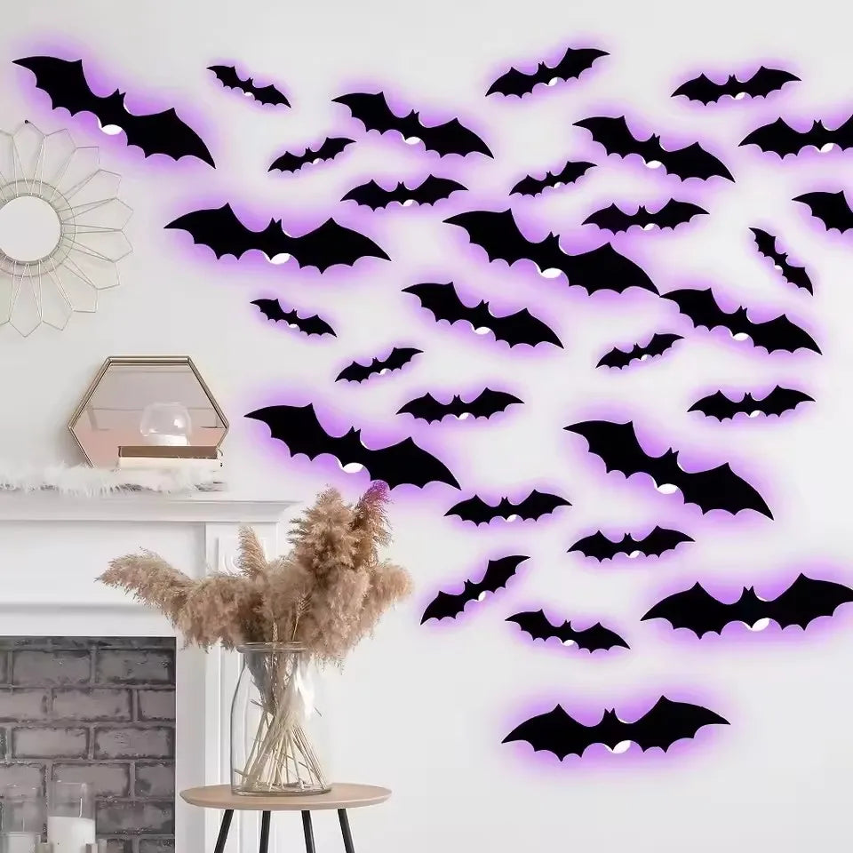Black bat wall decals with bright purple LED glow, spread across wall