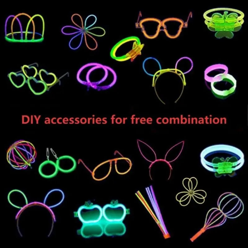 Glow stick party set assorted DIY light-up accessories: headbands, glasses, rings, and bracelets