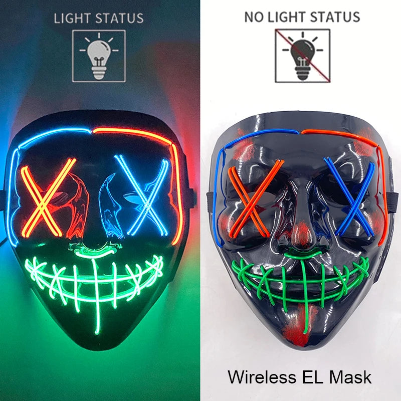 Black Halloween purge mask with blue, orange, and green neon EL light face design