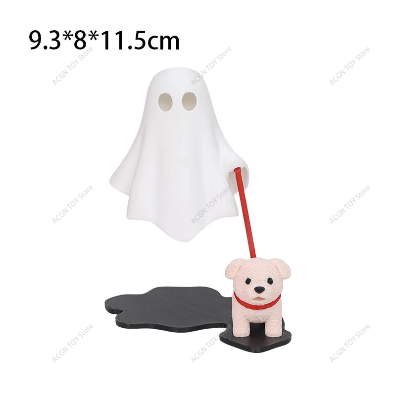 Ghost night light with white ghost, puppy figure, red cord, and black base