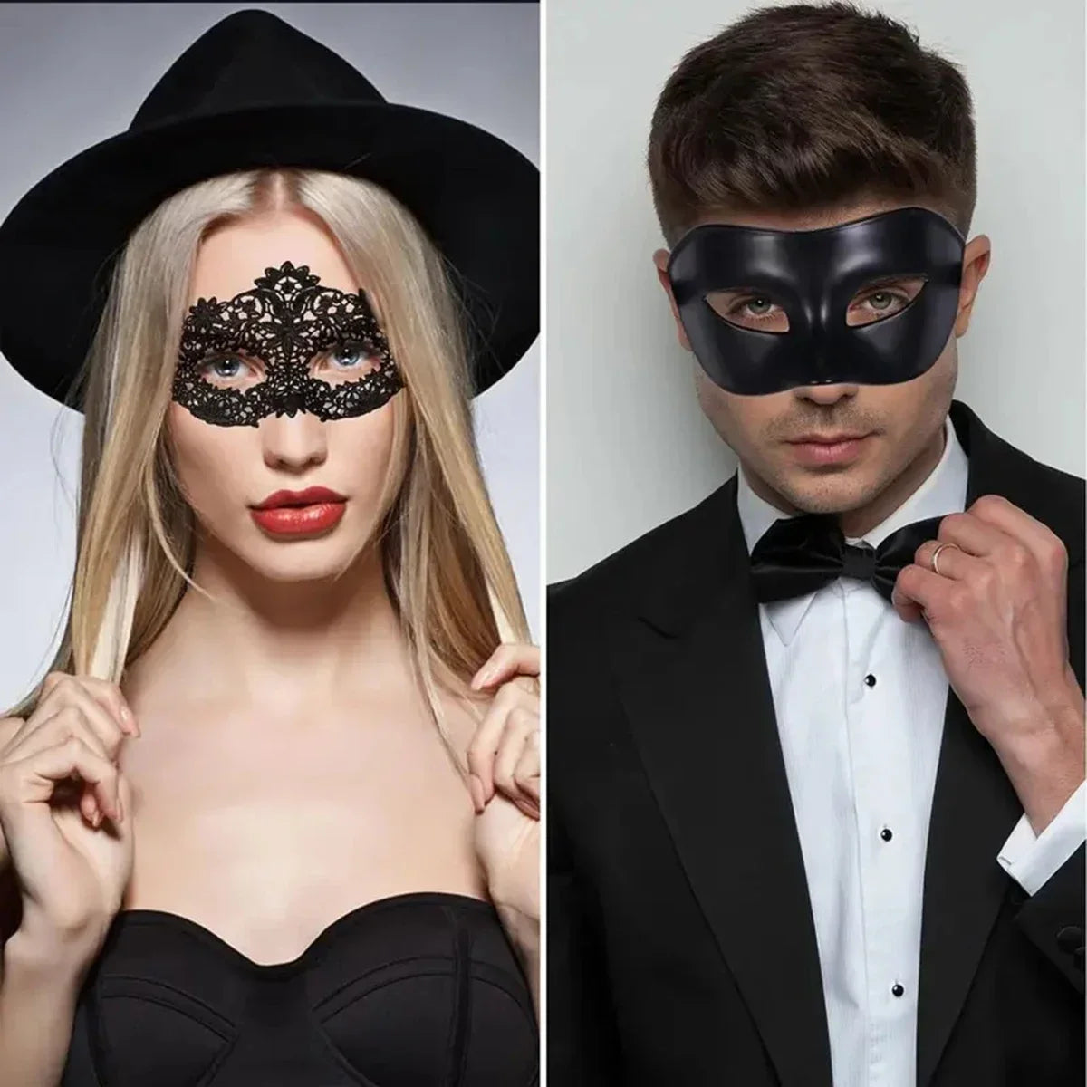 Black lace eye mask and black molded eye mask worn for a masquerade look