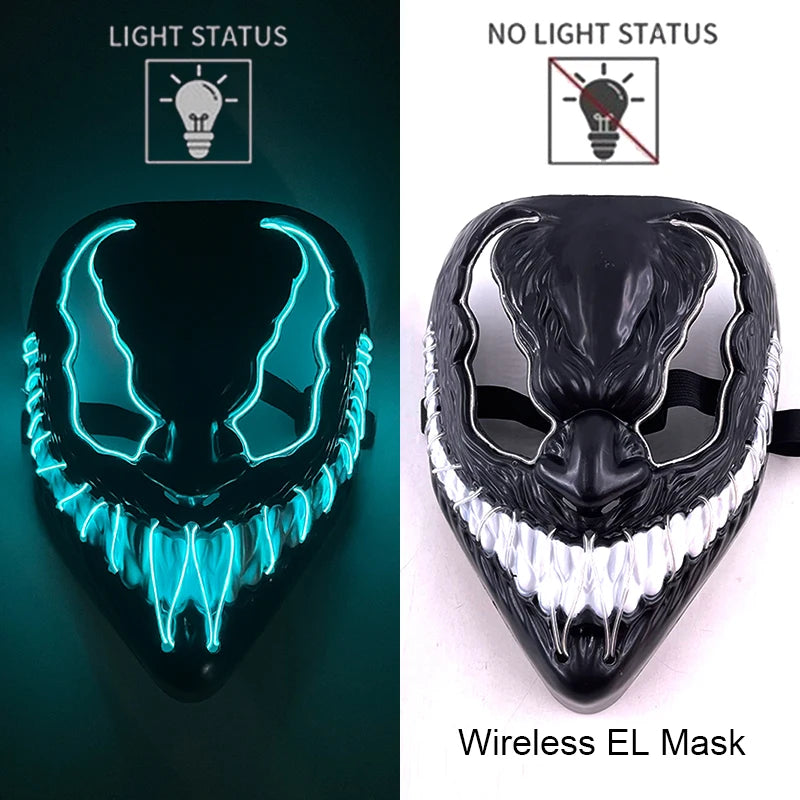 Wireless EL LED purge mask with cyan neon skull grin and jagged teeth