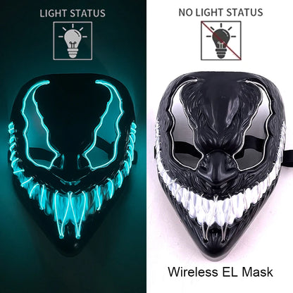 Wireless EL LED purge mask with cyan neon skull grin and jagged teeth