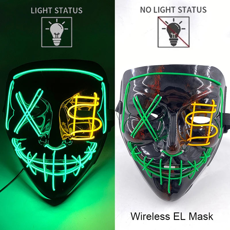 Black Halloween purge mask with green neon EL light eyes, mouth grid, and teeth