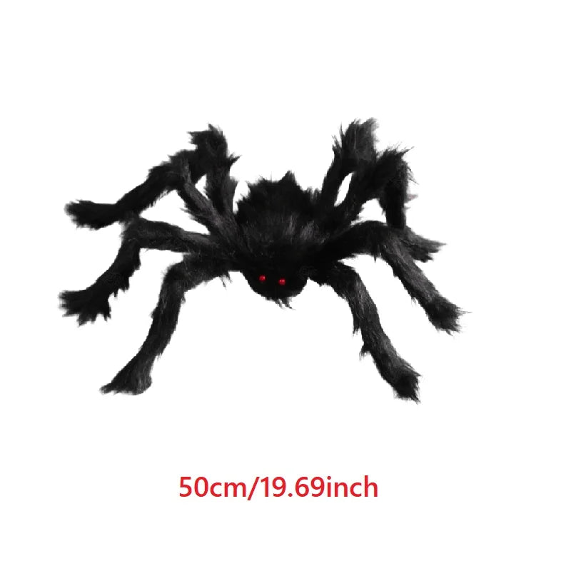 50cm plush black spider decoration with fuzzy legs and glowing red eyes