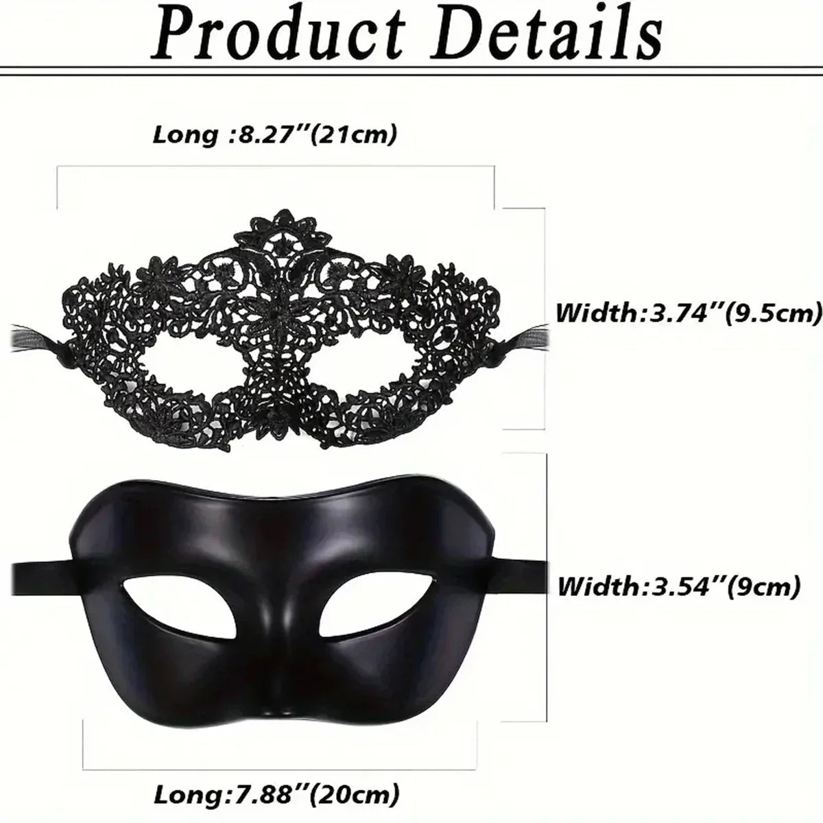 Black lace eye mask and black molded eye mask with ribbon ties, product detail view