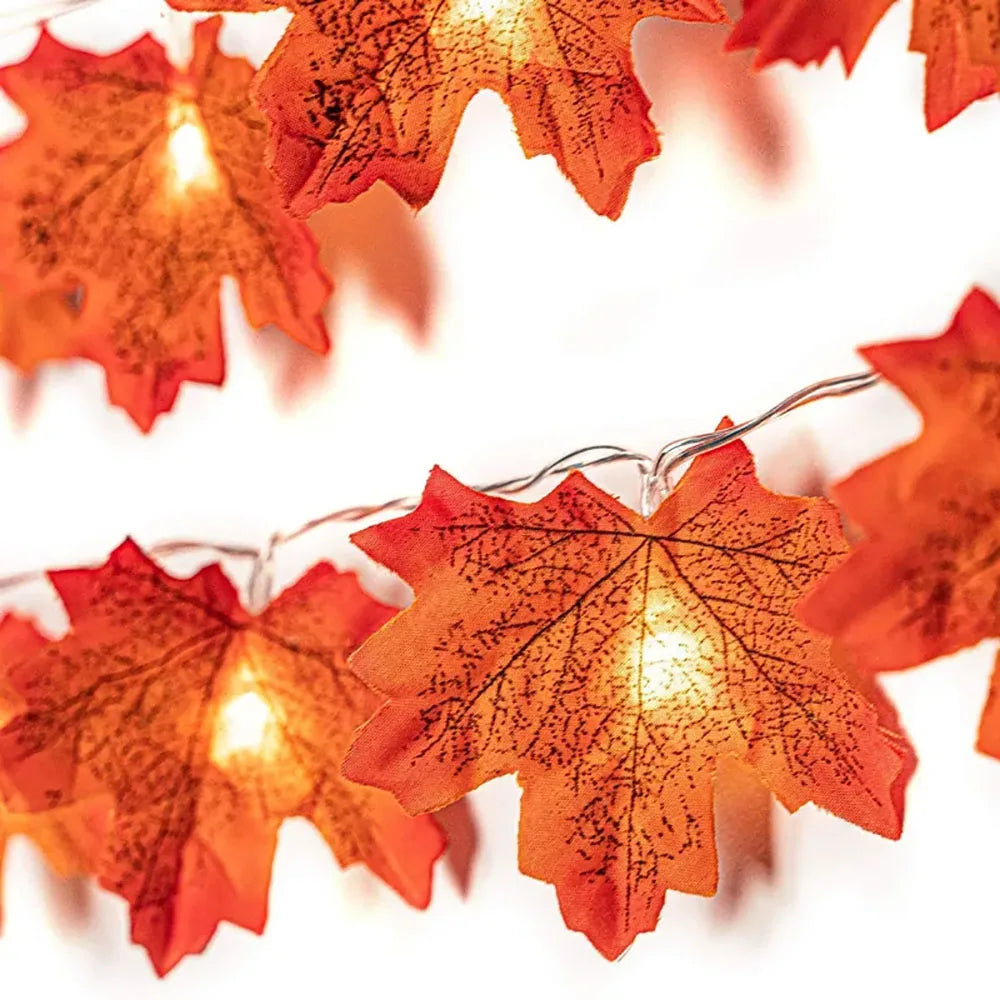Close-up LED maple leaf lantern string lights with warm glowing amber bulbs