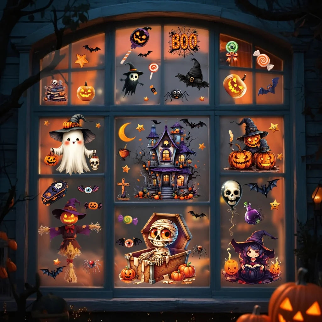 Reusable static cling Halloween window sticker sheet with ghosts, bats, pumpkins, and skulls