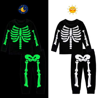 Kids glow skeleton pajama set with black fabric and neon light-up bone prints