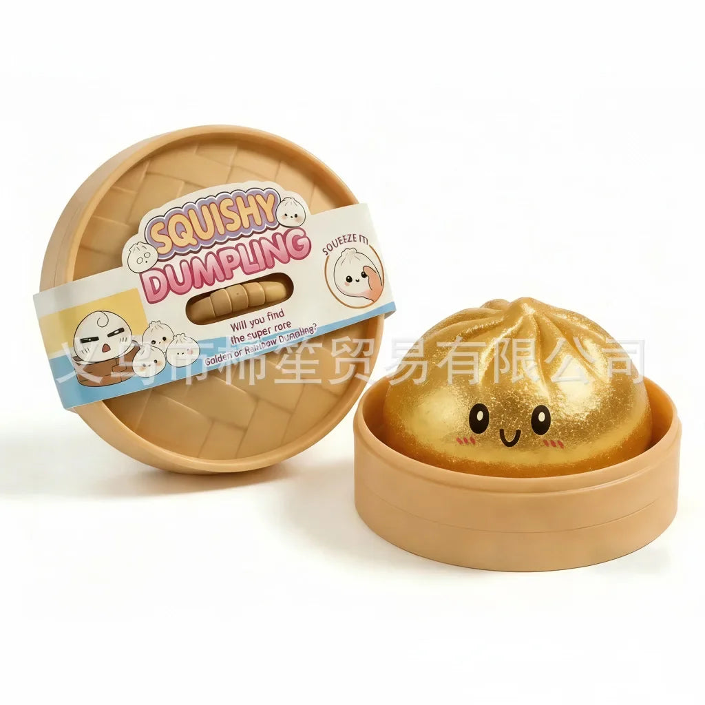 Gold glitter dumpling squishy stress toy in tan open case with cute face
