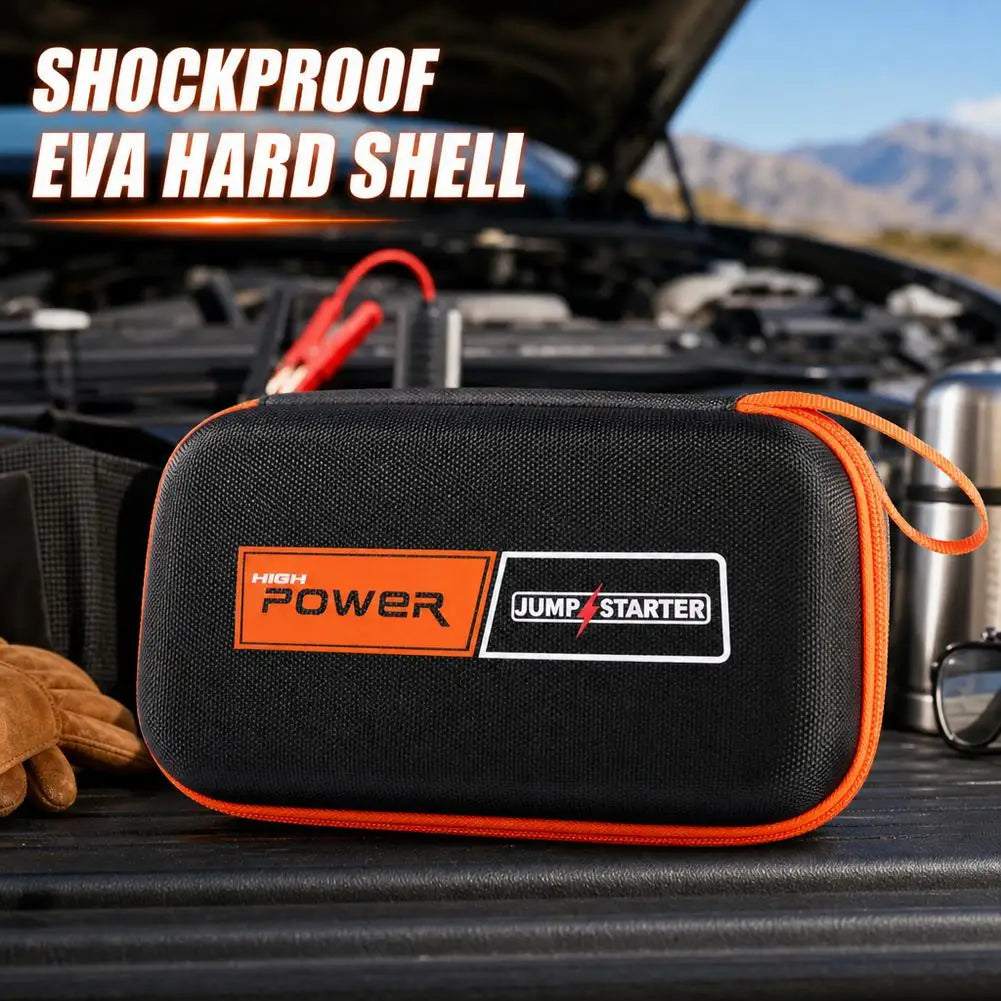 Black hard EVA travel case with orange trim and handle, with front label patches