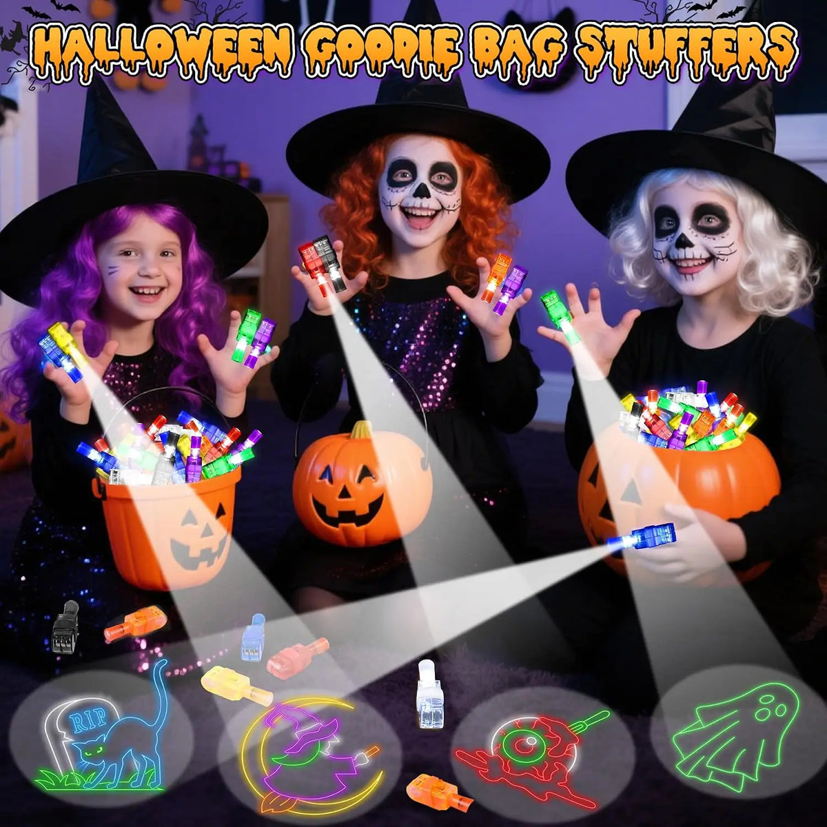 Children wearing Halloween costumes while holding glowing finger projector lights