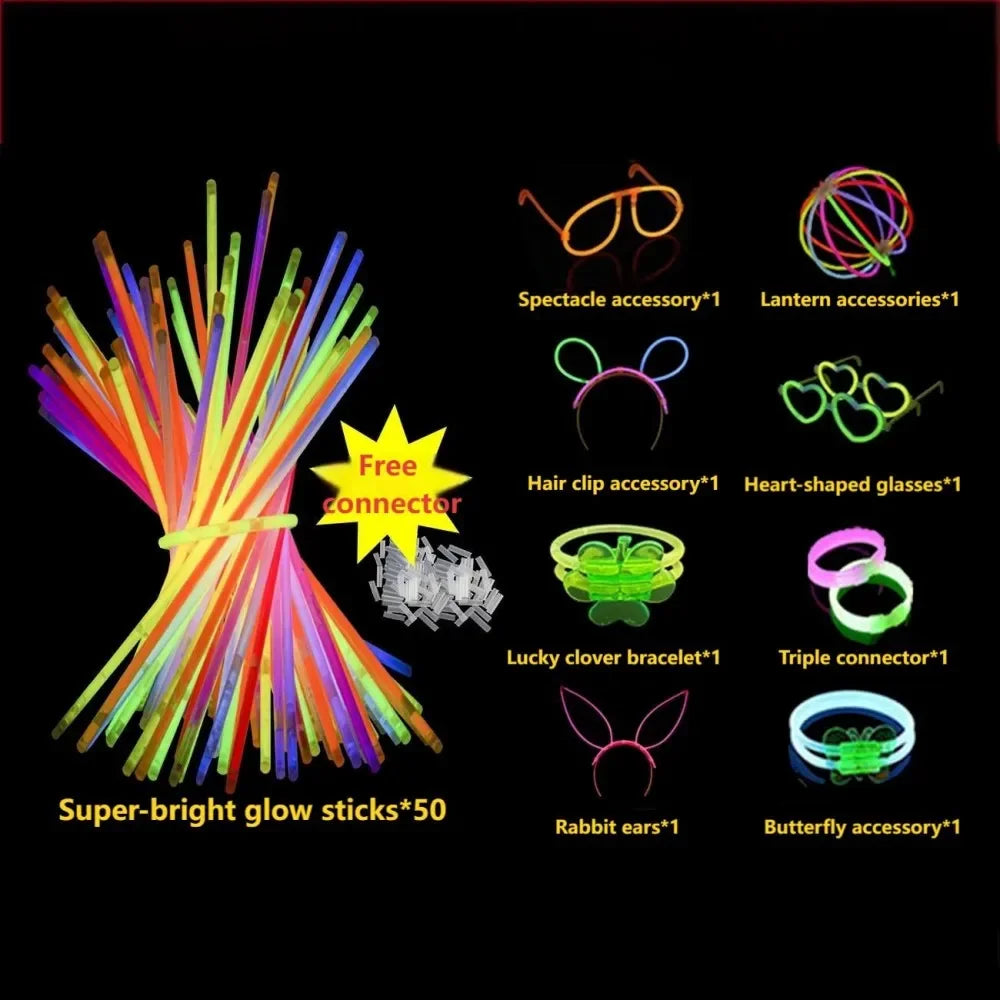 Glow stick party set bundle with super-bright glow sticks and neon accessory assortment