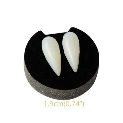 Vampire fang dentures with two off-white pointed teeth on a black gum base (larger)