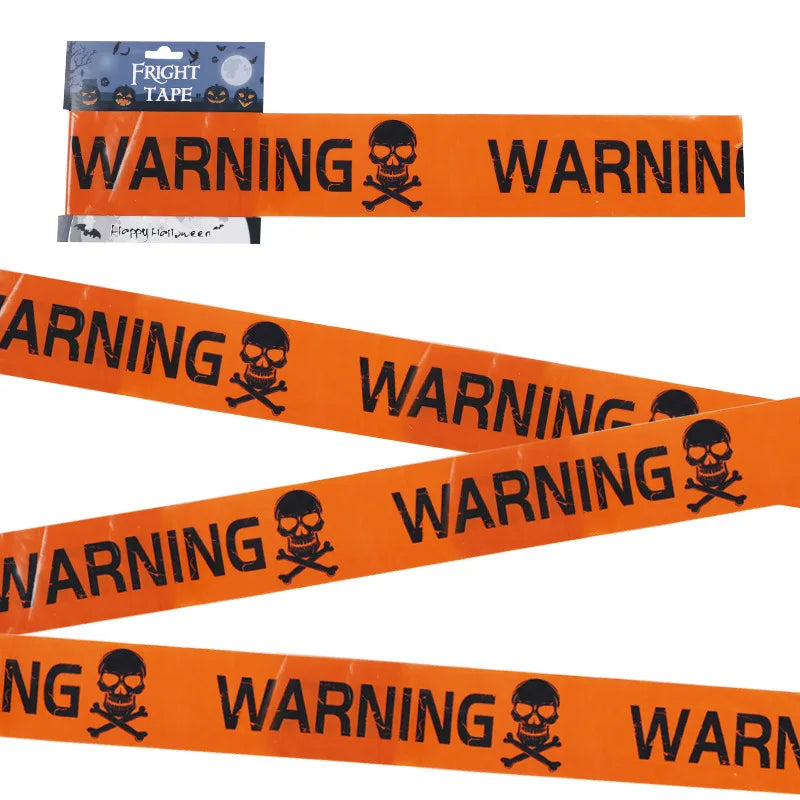 Halloween warning tape, orange "WARNING" skull text on multiple folded strips