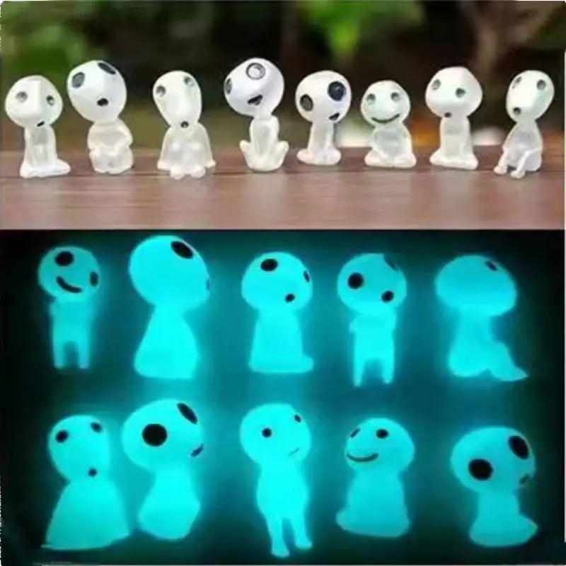 Glow-in-the-dark mini panda-like figures, white set with blue illuminated glow