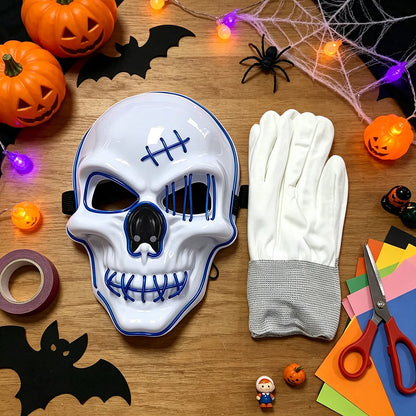 White skeleton skull light-up face mask with blue trim; includes glow gloves