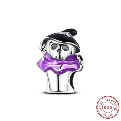 925 sterling silver witch skull charm bead with black hat and purple enamel scarf