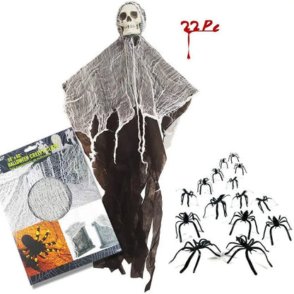 Hanging skull prop kit with gray ghost sheet, size info and included spider and claw sets