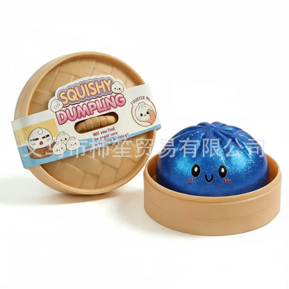 Blue squishy dumpling stress toy in tan open case with cute face