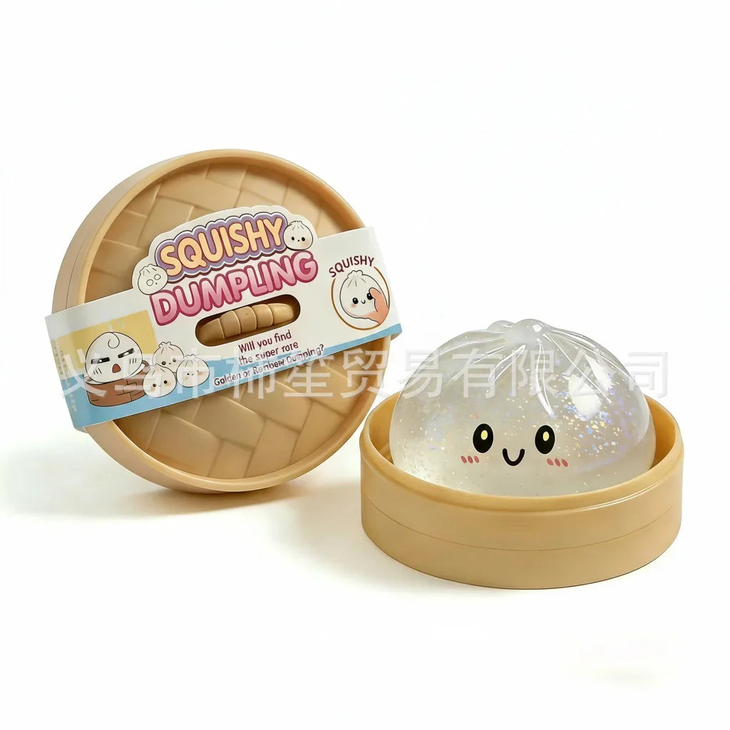 Clear glitter squishy dumpling stress toy in tan open case with cute face