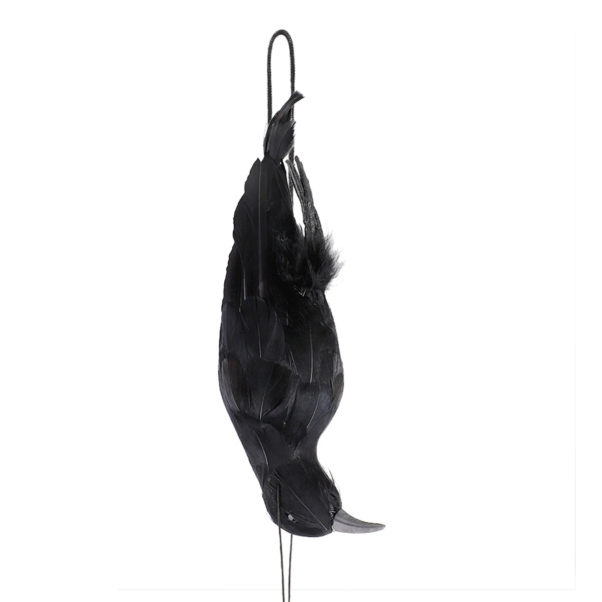Black hanging crow prop side view with pointed beak and layered feathers