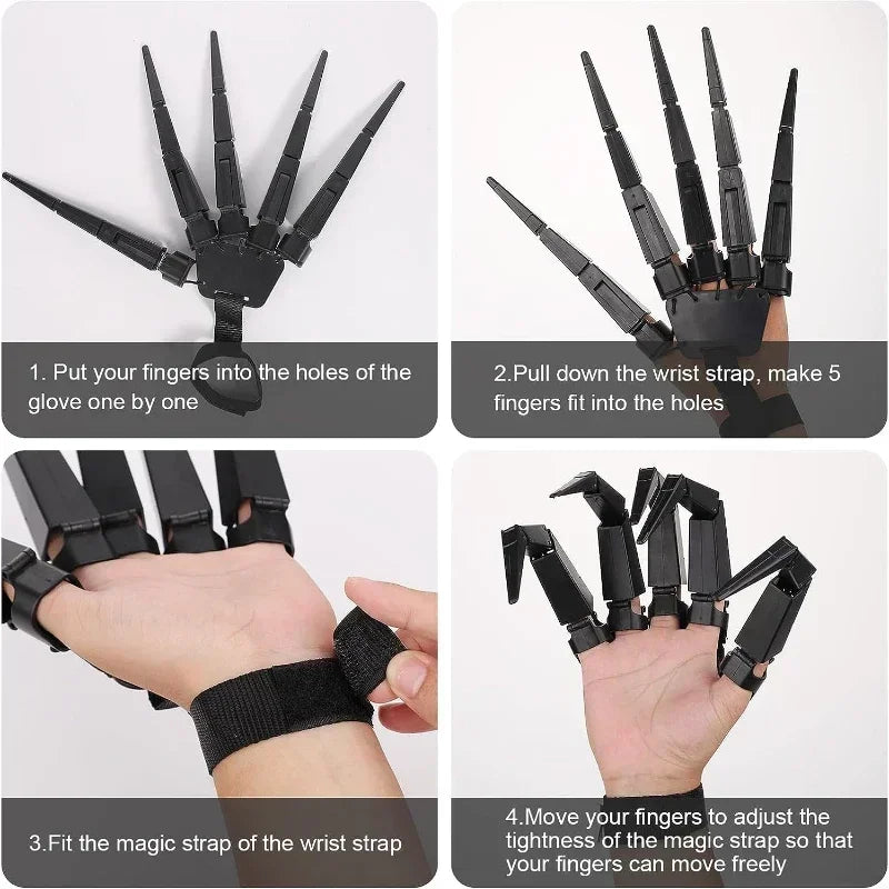 Black finger claw props showing strap placement and finger openings for fit