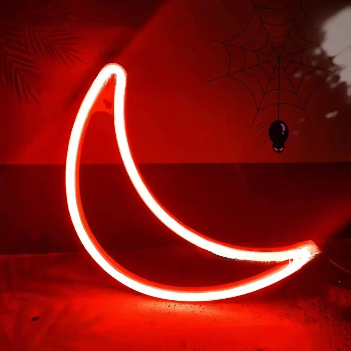 Crescent moon LED neon wall decor in white and red