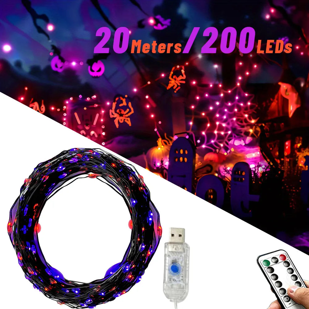 Purple and orange LED fairy string lights coil with USB plug and remote control