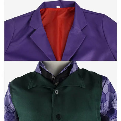 Men's purple coat with red inner lining and green button vest underneath