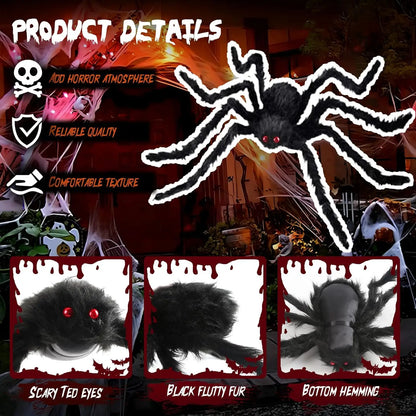 Plush black spider decoration detail view with glowing red eyes and fuzzy body