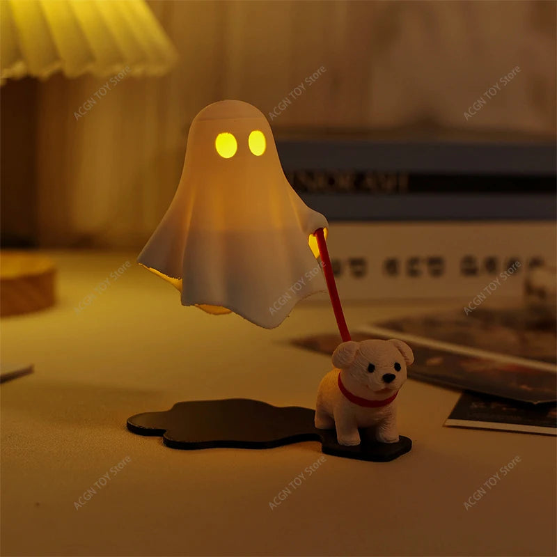 Warm glowing ghost puppy night light with yellow eyes, puppy, and red LED stick