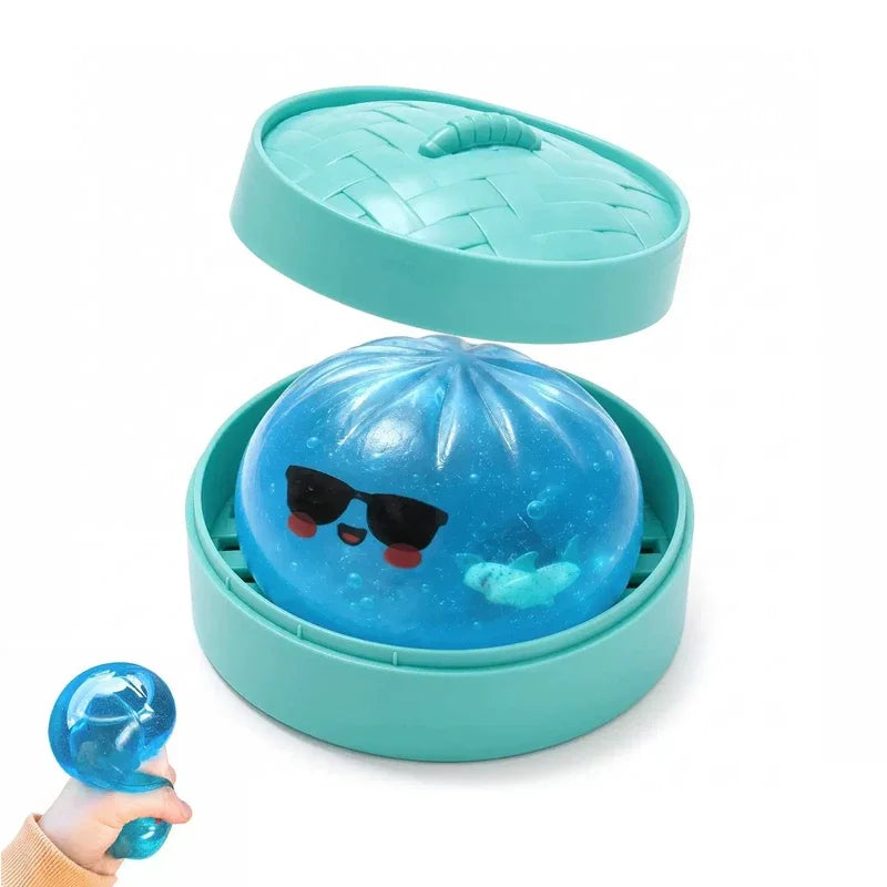 Blue squishy ball stress toy in teal plastic case with woven lid texture
