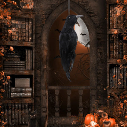 Black hanging crow decoration with lifelike feathers and top hanging loop