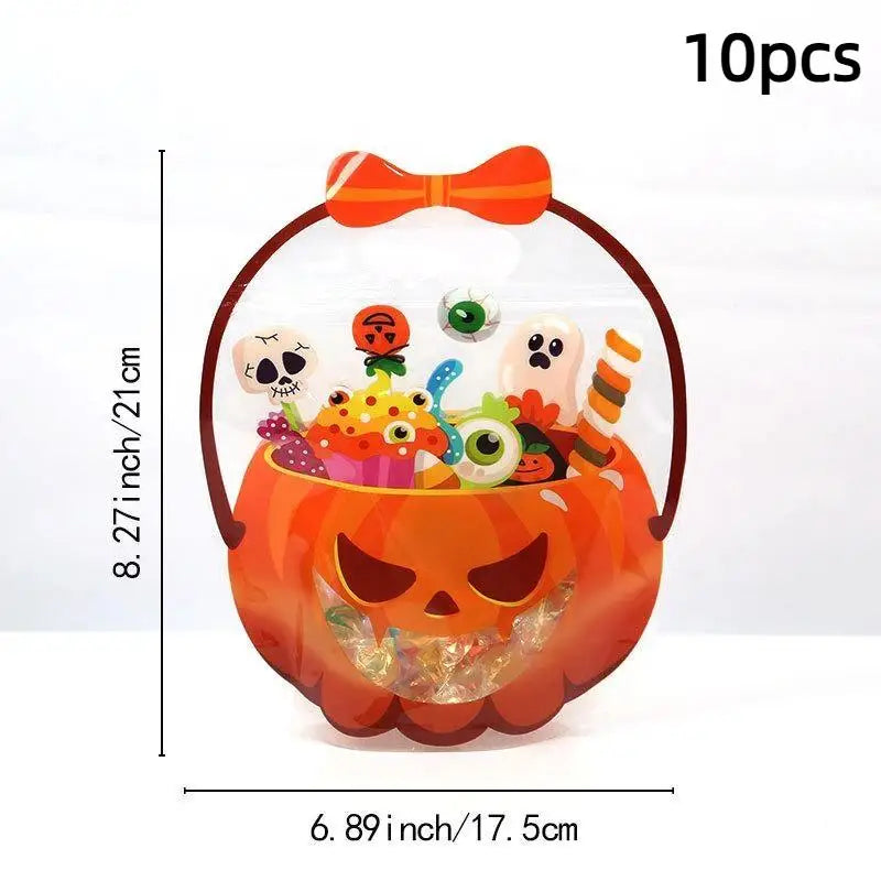 Halloween zipper candy bag, orange pumpkin face with ghosts, orange bow top