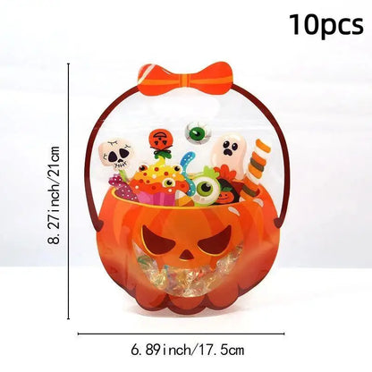 Halloween zipper candy bag, orange pumpkin face with ghosts, orange bow top