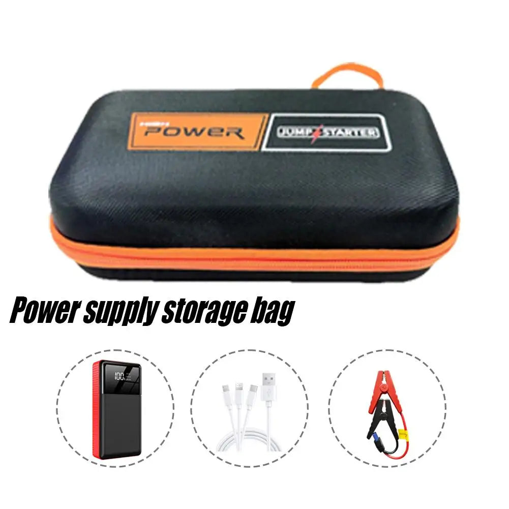 Hard-shell black storage case with orange trim and top handle, with label badges