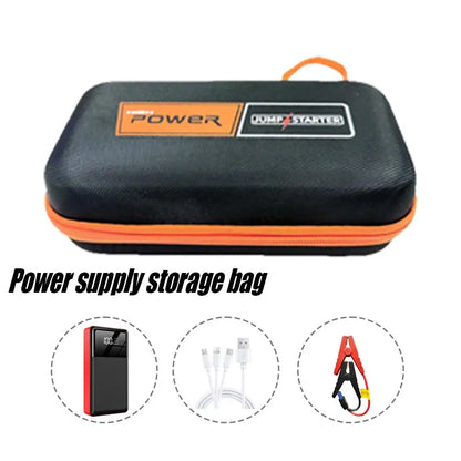 Hard-shell black storage case with orange trim and top handle, with label badges