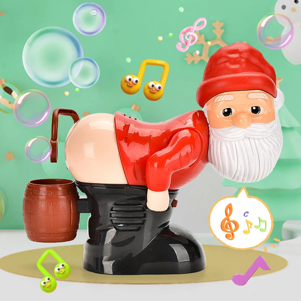 Santa bubble blower toy with side view, purple bubble bottle and brown barrel