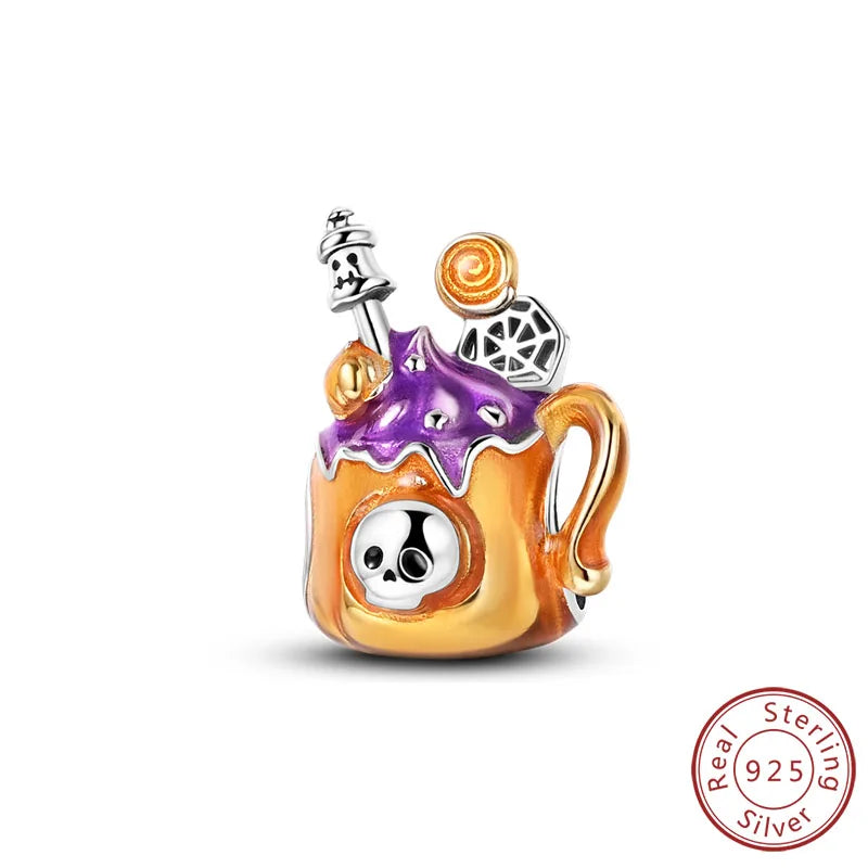925 sterling silver Halloween charm bead shaped like a potion cauldron with skull