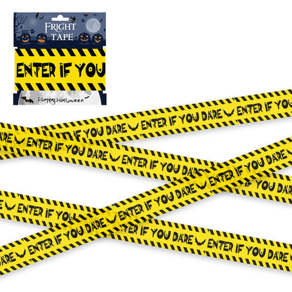 Halloween warning tape, yellow and black "ENTER IF YOU DARE" stripes with skull icons